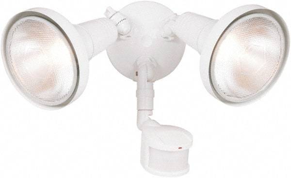 Cooper Lighting - 2 Head, 70 Ft. Detection, 180° Angle, PAR Lamp Motion Sensing Light Fixture - 120 Volt, 300 Watt, Metal White Housing, Wall, Eave Mounted - Exact Tool & Supply