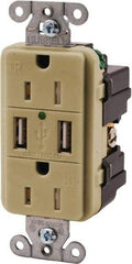 Hubbell Wiring Device-Kellems - 2 USB Port, 2 Receptacle, 125 VAC, 5 VDC USB Receptacle - 5-15R NEMA Configuration, 15 Amp, Ivory, 3.8 Amp Charging Power, Screw Mount - Exact Tool & Supply
