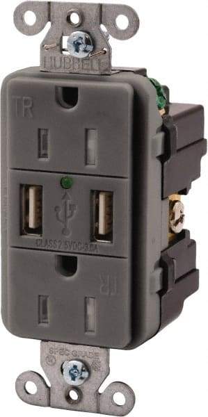 Hubbell Wiring Device-Kellems - 2 USB Port, 2 Receptacle, 125 VAC, 5 VDC USB Receptacle - 5-15R NEMA Configuration, 15 Amp, Gray, 3.8 Amp Charging Power, LED Indicator Light - Exact Tool & Supply