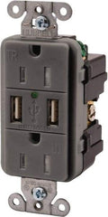Hubbell Wiring Device-Kellems - 2 USB Port, 2 Receptacle, 125 VAC, 5 VDC USB Receptacle - 5-15R NEMA Configuration, 15 Amp, Gray, 3.8 Amp Charging Power, LED Indicator Light - Exact Tool & Supply
