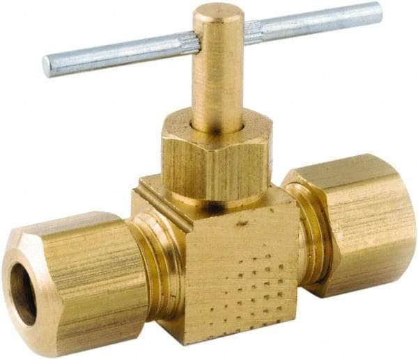 ANDERSON METALS - 3/8 x 3/8" Pipe, Inline Metal Seat Needle Valve - Brass Seal, Compression x Compression Ends, Lead Free Brass Valve, 150 Max psi - Exact Tool & Supply