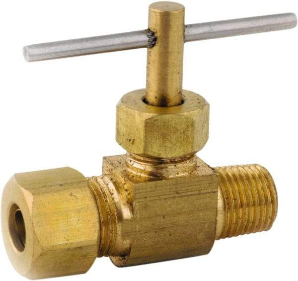 ANDERSON METALS - 3/8 x 1/4" Pipe, Inline Metal Seat Needle Valve - Brass Seal, Compression x MIP Ends, Lead Free Brass Valve, 150 Max psi - Exact Tool & Supply