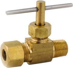 ANDERSON METALS - 3/8 x 1/4" Pipe, Inline Metal Seat Needle Valve - Brass Seal, Compression x MIP Ends, Lead Free Brass Valve, 150 Max psi - Exact Tool & Supply