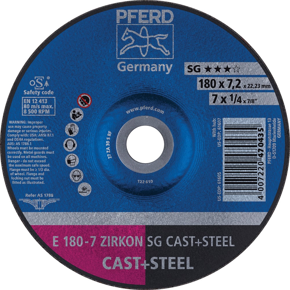 PFERD - Depressed-Center Wheels; Hole Size (Inch): 7/8 ; Connector Type: Arbor ; Wheel Type Number: Type 27 ; Abrasive Material: Aluminum Oxide; Zirconia Alumina ; Maximum RPM: 8500.000 ; Bond Type: Resinoid - Exact Tool & Supply