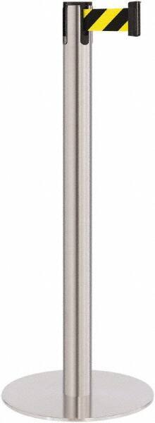 Lavi Industries - 40" High, 2-3/4" Pole Diam, Stanchion - 14-1/2" Base Diam, Flat Cast Iron Base, Satin Chrome (Color) Steel Post, 7' x 2" Tape, Single Line Tape - Exact Tool & Supply