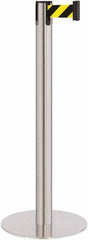 Lavi Industries - 40" High, 2-3/4" Pole Diam, Stanchion - 14-1/2" Base Diam, Flat Cast Iron Base, Satin Chrome (Color) Steel Post, 7' x 2" Tape, Single Line Tape - Exact Tool & Supply