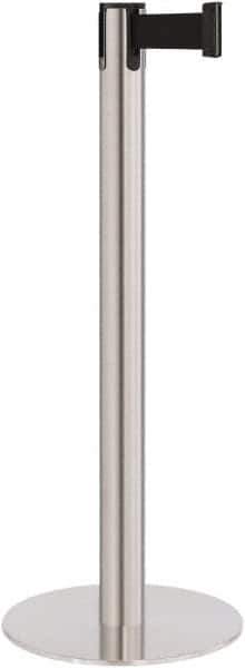 Lavi Industries - 40" High, 2-3/4" Pole Diam, Stanchion - 14-1/2" Base Diam, Flat Cast Iron Base, Satin Chrome (Color) Steel Post, 7' x 2" Tape, Single Line Tape - Exact Tool & Supply