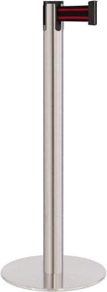 Lavi Industries - 40" High, 2-3/4" Pole Diam, Stanchion - 14-1/2" Base Diam, Flat Cast Iron Base, Satin Chrome (Color) Steel Post, 7' x 2" Tape, Single Line Tape - Exact Tool & Supply