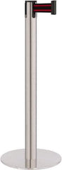 Lavi Industries - 40" High, 2-3/4" Pole Diam, Stanchion - 14-1/2" Base Diam, Flat Cast Iron Base, Satin Chrome (Color) Steel Post, 7' x 2" Tape, Single Line Tape - Exact Tool & Supply