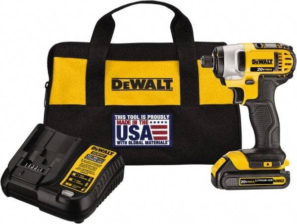 DeWALT - 20 Volt, 1/4" Drive, 117 Ft/Lb Torque, Cordless Impact Driver - Mid-Handle, 2800 RPM, 1 Lithium-Ion Battery Included - Exact Tool & Supply