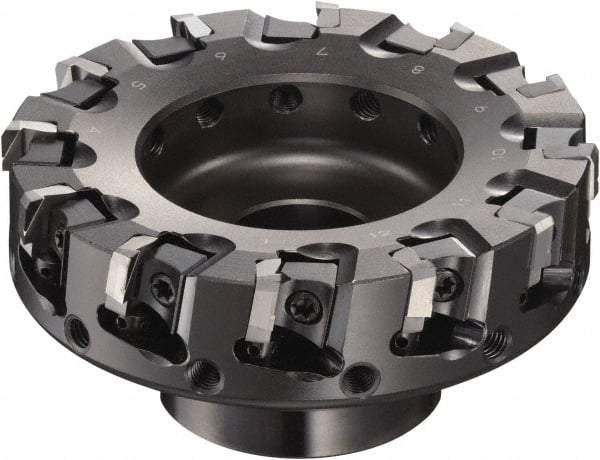 Sumitomo - 125mm Cut Diam, 15.9mm Arbor Hole, 63mm Max Depth of Cut, 90° Indexable Chamfer & Angle Face Mill - 15 Inserts, NF-LDEN Insert, Right Hand Cut, 15 Flutes, Through Coolant, Series HF - Exact Tool & Supply