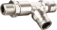 Legris - 10mm Outside Diam, 3/8 BSPT, Nickel Plated Brass Push-to-Connect Tube Male Run Tee - 435 Max psi, Tube to Male BSPT Connection, FKM O-Ring, Conforms to FDA Standards - Exact Tool & Supply