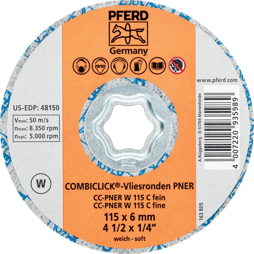 PFERD - Quick Change Discs; Disc Diameter (Inch): 4-1/2 ; Attaching System: COMBICLICK ; Abrasive Type: Non-Woven ; Abrasive Material: Silicon Carbide ; Grade: Fine ; Backing Material: Cloth - Exact Tool & Supply