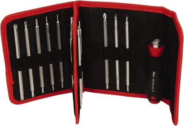 Wiha - 15 Piece, 4mm Drive Screwdriver Insert Torx Bit Set - #1 to #2 Phillips, 2 to 6mm Hex, T6 to T40 Torx, 3.5 to 4.5 & 5.5 to 6.5mm Slotted - Exact Tool & Supply