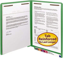 SMEAD - 8-1/2 x 11", Letter Size, Green, Classification Folders with End Tab Fastener - 11 Point Stock, Straight Tab Cut Location - Exact Tool & Supply