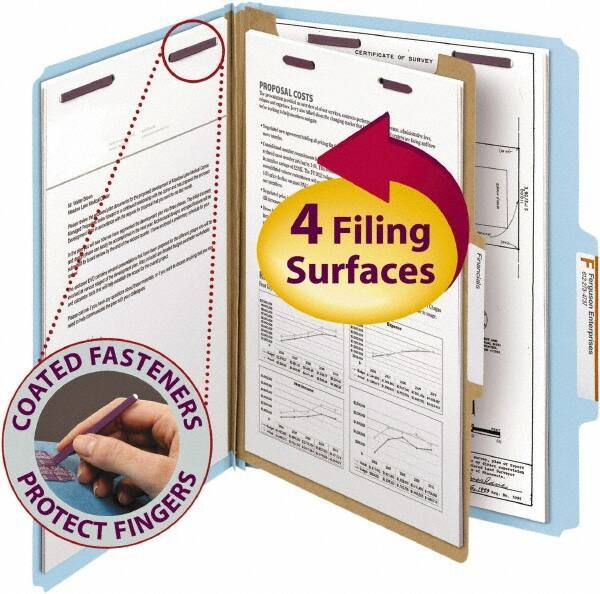 SMEAD - 8-1/2 x 11", Letter Size, Blue, Classification Folders with Top Tab Fastener - 23 Point Stock, Right of Center Tab Cut Location - Exact Tool & Supply