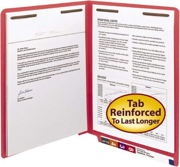 SMEAD - 8-1/2 x 11", Letter Size, Red, Classification Folders with End Tab Fastener - 11 Point Stock, Straight Tab Cut Location - Exact Tool & Supply
