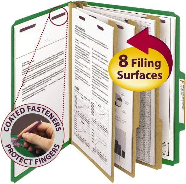 SMEAD - 8-1/2 x 11", Letter Size, Green, Classification Folders with Top Tab Fastener - 23 Point Stock, 2/5 Tab Cut Location - Exact Tool & Supply