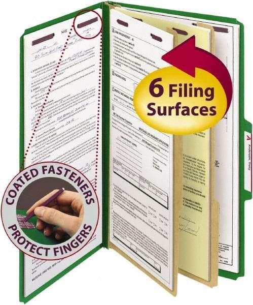 SMEAD - 8-1/2 x 14", Legal, Green, Classification Folders with Top Tab Fastener - 23 Point Stock, Right of Center Tab Cut Location - Exact Tool & Supply