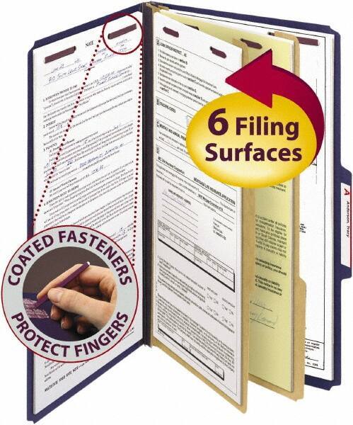SMEAD - 8-1/2 x 14", Legal, Dark Blue, Classification Folders with Top Tab Fastener - 23 Point Stock, Right of Center Tab Cut Location - Exact Tool & Supply