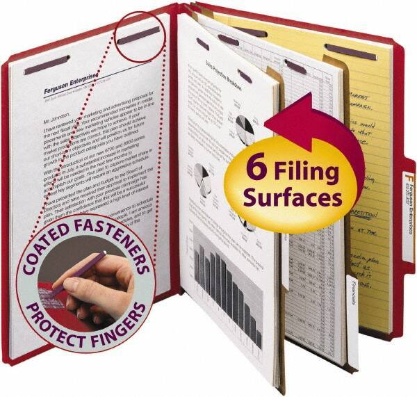 SMEAD - 8-1/2 x 11", Letter Size, Bright Red, Classification Folders with Top Tab Fastener - 23 Point Stock, Right of Center Tab Cut Location - Exact Tool & Supply