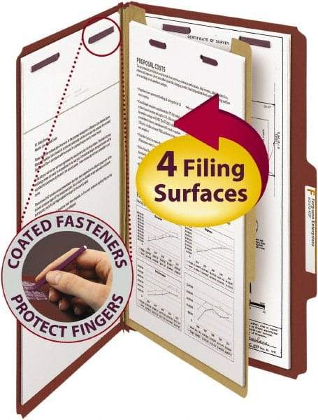 SMEAD - 8-1/2 x 14", Legal, Red, Classification Folders with Top Tab Fastener - 25 Point Stock, Right of Center Tab Cut Location - Exact Tool & Supply