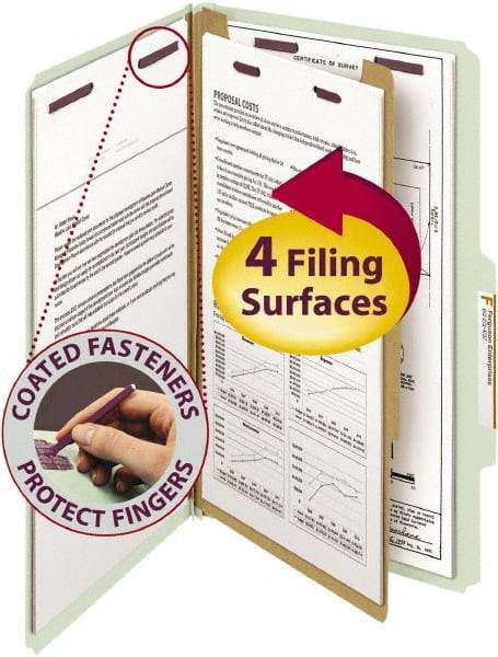 SMEAD - 8-1/2 x 14", Legal, Gray/Green, Classification Folders with Top Tab Fastener - 25 Point Stock, Right of Center Tab Cut Location - Exact Tool & Supply