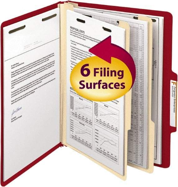 SMEAD - 8-1/2 x 11", Letter Size, Red, Classification Folders with Top Tab Fastener - 14 Point Stock, Right of Center Tab Cut Location - Exact Tool & Supply