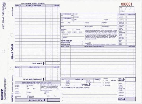 REDIFORM - 50 Sheet, 8-1/2 x 11", Auto Repair Form - White & Blue - Exact Tool & Supply