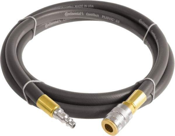 Continental ContiTech - 1/4" ID x 0.45" OD 10' Long Multipurpose Air Hose - Industrial Interchange Safety Coupler x Male Plug Ends, 300 Working psi, -10 to 158°F, 1/4" Fitting, Gray - Exact Tool & Supply