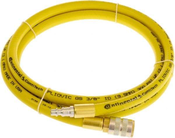 Continental ContiTech - 3/8" ID x 0.6" OD 10' Long Multipurpose Air Hose - Industrial Interchange Safety Coupler x Male Plug Ends, 300 Working psi, -10 to 158°F, 1/4" Fitting, Yellow - Exact Tool & Supply