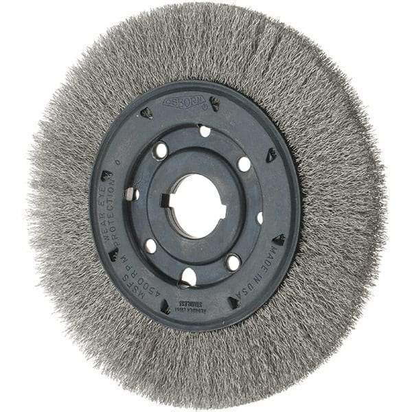 Osborn - 8" OD, 1-1/4" Arbor Hole, Crimped Stainless Steel Wheel Brush - 3/4" Face Width, 1-1/2" Trim Length, 0.01" Filament Diam, 4,500 RPM - Exact Tool & Supply
