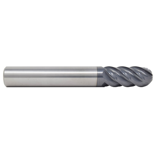 20 mm Dia. × 20 mm Shank × 38 mm DOC × 104 mm OAL, Carbide AlTiN, Spiral , 5 Flute, 45° Helix, Ballnose End Mill - Exact Tool & Supply