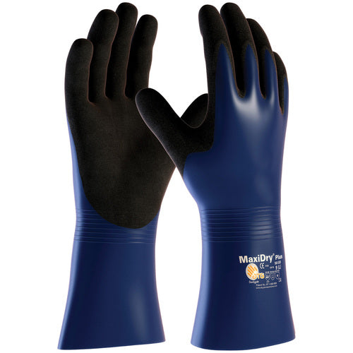 ‎56-530/L Coated Supported Gloves - MaxiDry Plus - Nylon/Lycra Liner - Blue/Black Nitrile - Full Coat - 12 In. - Exact Tool & Supply