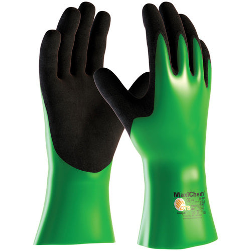 ‎56-630/M Coated Supported Gloves - MaxiChem - Nylon/Lycra Liner - Green/ Black Nitrile Blnd - Full Coat - 12 In. - Exact Tool & Supply
