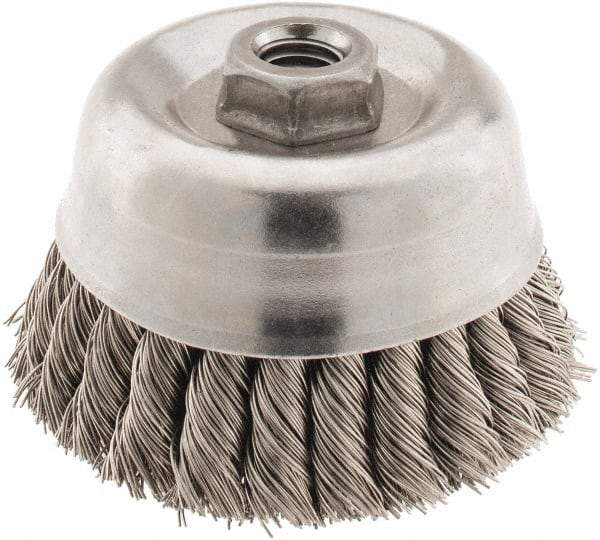 Osborn - 4" Diam, 5/8-11 Threaded Arbor, Stainless Steel Fill Cup Brush - 0.02 Wire Diam, 1-1/4" Trim Length, 6,000 Max RPM - Exact Tool & Supply