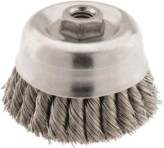 Osborn - 4" Diam, 5/8-11 Threaded Arbor, Stainless Steel Fill Cup Brush - 0.02 Wire Diam, 1-1/4" Trim Length, 6,000 Max RPM - Exact Tool & Supply