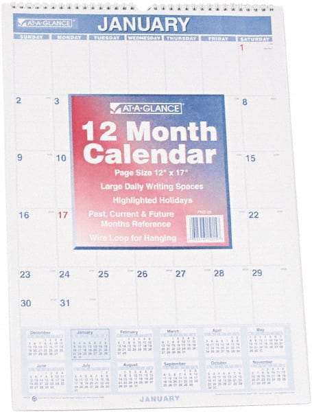 AT-A-GLANCE - 12 Sheet, 12 x 17", Planner Wall Calendar - Blue & Red - Exact Tool & Supply