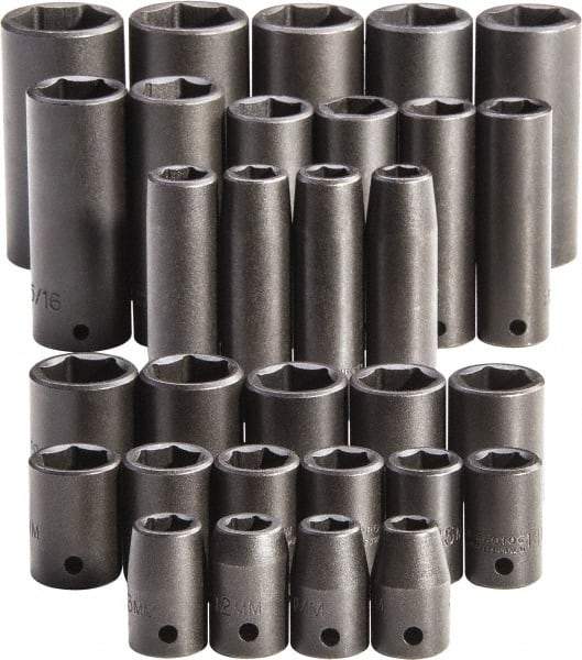 Proto - 30 Piece 1/2" Drive Full Polish Finish Impact Socket Set - 6 Points, 1-1/4" to 1-1/4" (10mm to 24mm) Range, Inch/Metric Measurement Standard - Exact Tool & Supply