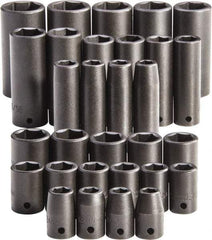 Proto - 30 Piece 1/2" Drive Full Polish Finish Impact Socket Set - 6 Points, 1-1/4" to 1-1/4" (10mm to 24mm) Range, Inch/Metric Measurement Standard - Exact Tool & Supply