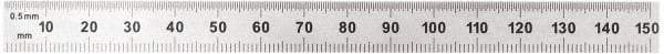 General - 6" Long, 1/100, 1/10" and 0.5, 1mm Graduation, Flexible Steel Rule - Decimal/Metric Graduation Style, 1/2" Wide, Silver, Satin Chrome Finish - Exact Tool & Supply