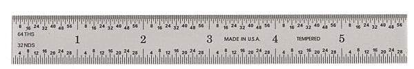 General - 6" Long, 1/64, 1/32, 1/16, 1/8" Graduation, Rigid Steel Rule - 4R Graduation Style, 3/4" Wide, Silver, Satin Chrome Finish - Exact Tool & Supply