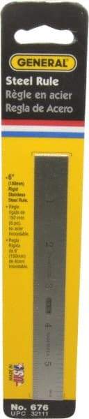 General - 6" Long, 1/64, 1/32, 1/16, 1/8" Graduation, Rigid Stainless Steel Rule - 4R Graduation Style, 3/4" Wide, Silver, Polished Finish - Exact Tool & Supply