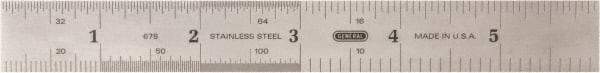 General - 6" Long, 1/100, 1/64, 1/50, 1/32, 1/20, 1/16, 1/10, 1/8" and 0.5, 1mm Graduation, Rigid Stainless Steel Rule - 4R & English/Metric Graduation Style, 3/4" Wide, Silver, Polished Finish - Exact Tool & Supply