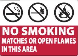NMC - "No Smoking Matches or Open Flames in This Area", 7" Long x 10" Wide, Aluminum Safety Sign - Rectangle, 0.04" Thick, Use for Smoking Regulations - Exact Tool & Supply