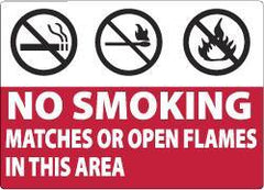 NMC - "No Smoking Matches or Open Flames in This Area", 7" Long x 10" Wide, Aluminum Safety Sign - Rectangle, 0.04" Thick, Use for Smoking Regulations - Exact Tool & Supply