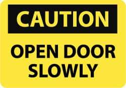 NMC - Caution - Open Door Slowly, Aluminum Fire and Exit Sign - 10" Wide x 7" High - Exact Tool & Supply