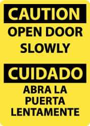 NMC - Caution - Open Door Slowly, Pressure Sensitive Vinyl Fire and Exit Sign - 10" Wide x 14" High, English/Spanish - Exact Tool & Supply