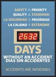 NMC - Scoreboards Scoreboard Type: Digital Scoreboard Legend: Safety Is the Priority, Quality Is the Standard - ___ Days without an Accident - Accidents Are Avoidable - Exact Tool & Supply