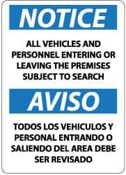 NMC - "Notice - All Vehicles and Personnel Entering or Leaving the Premises Subject to Search", 14" Long x 10" Wide, Aluminum Safety Sign - Rectangle, 0.04" Thick, Use for Security & Admittance - Exact Tool & Supply